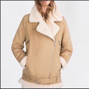 Zara Asymmetric Moto Biker Shearling Jacket Coat